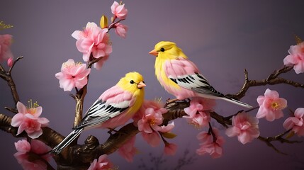 Fototapeta premium Graceful Harmony: A Pair of Delicately Perched Finches, Captured in Tranquil Balance on a Branch Amidst Nature's Serene Symphony