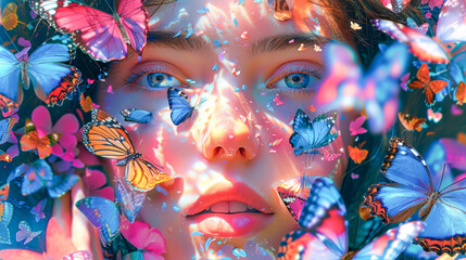 Woman's Face Amidst a Swarm of Colorful Butterflies.