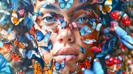 Fototapeta premium Woman's Face Amidst a Swarm of Colorful Butterflies.