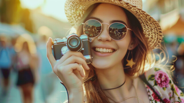 A woman wearing a straw hat and sunglasses is taking a picture with a camera. She is smiling and she is enjoying herself