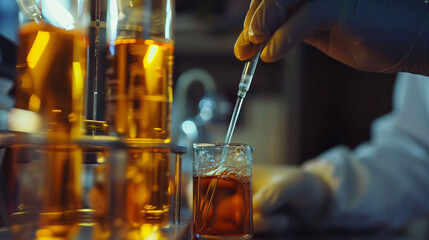 A scientist pours a solution in a glass beaker, ambient lab, concept: chemistry and pharmaceutical...