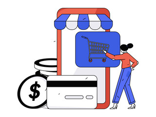 Holiday shopping people doing e-commerce online shopping flat vector concept operation hand drawn illustration
