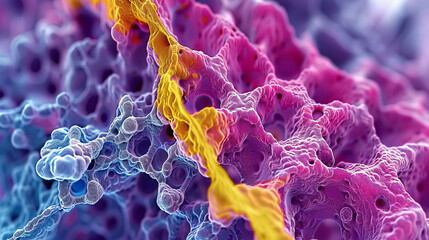 Colorful close-up of cell-like structures with vibrant pink and blue hues, scientific or biological concept.
 It is perfect for medical presentations.