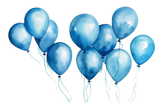 This image showcases whimsical blue balloons painted in watercolor, isolated on a clean white background, evoking a sense of playfulness and creativity.