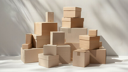 Stacked cardboard boxes creating a staircase-like structure, embodying growth in shipment volume.
 - obrazy, fototapety, plakaty