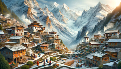 Himalayan village with terraces, multi-storey stone buildings with wooden details, and snow-covered roofs; villagers walking along the paths and the snow-capped Himalayan peaks in the background. - obrazy, fototapety, plakaty