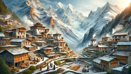 Fotobehang Himalayan village with terraces, multi-storey stone buildings with wooden details, and snow-covered roofs  villagers walking along the paths and the snow-capped Himalayan peaks in the background. © Jounn