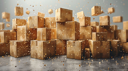Explosion of cardboard boxes in the air, representing the boom in e-commerce and online shopping.
 - obrazy, fototapety, plakaty
