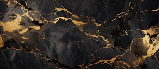 A sophisticated wallpaper featuring a luxurious blend of black and gold marble design with intricate golden veins