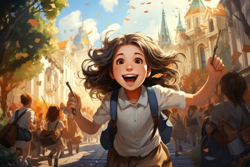 Young Girl Running Through Crowded Street With Backpack Generative AI - obrazy, fototapety, plakaty