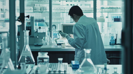 Scientist engaged in meticulous research in a sterile lab environment, focusing on a sample.
