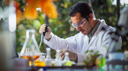Scientist conducting a colorful experiment in a laboratory setting with glassware and flames.
