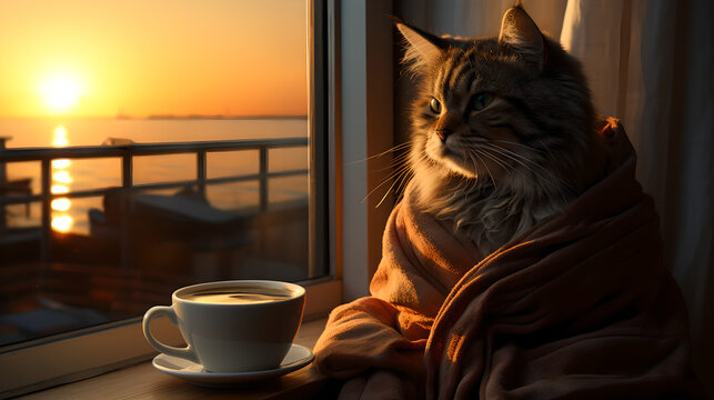 Photo of Robed Cat with Mug of Coffee Looking Out the Window