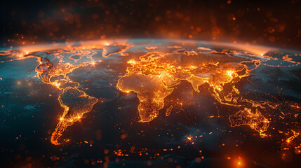 Digital art of Earth's fiery network connections glowing against the dark backdrop of space.
