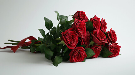 Red roses lying down with a ribbon, deep green foliage against a clean white backdrop.
