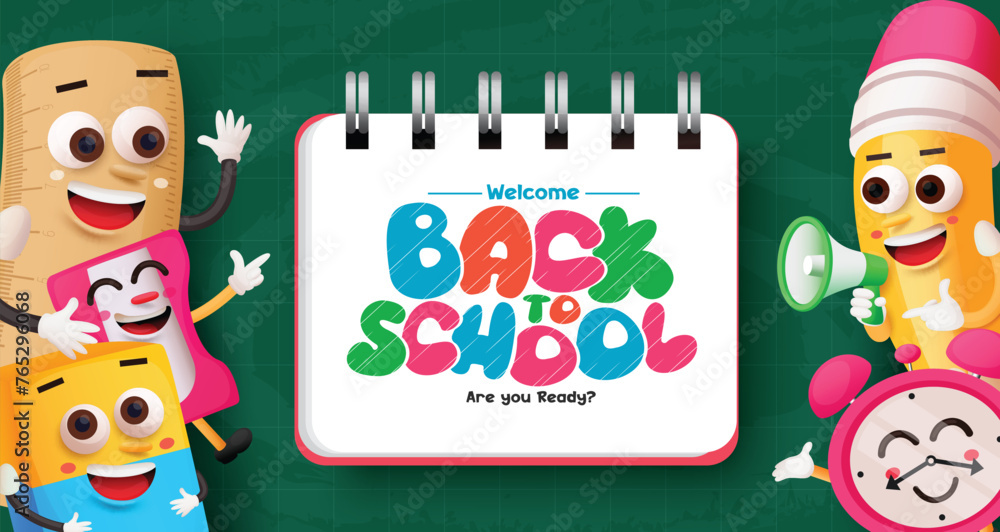 Aufkleber back to school text vector template design. welcome back to school greeting in paper notebook space 