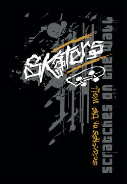 Vector illustration in scribbled style, with ink splashes of the word "skaters" and skateboard in minimalist lines.