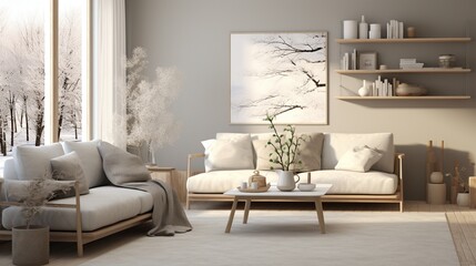 Interior composition of modern elegant living room with sophisticated background  - obrazy, fototapety, plakaty