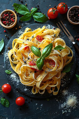 Tantalizing plate of pasta with basil garnish, concept: gastronomy and Italian food.
