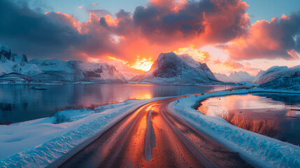 Road by the sea in sunrise time, Lofoten island, Norway - obrazy, fototapety, plakaty