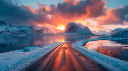 Naadloos Behang Airtex Noord-Europa Road by the sea in sunrise time, Lofoten island, Norway