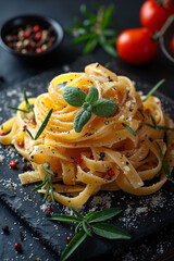 Fresh fettuccine pasta with tomato and basil, concept: Italian cuisine and homemade cooking.

