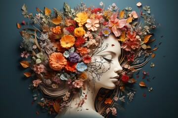 Womans Head Adorned With Floral Arrangement Generative AI