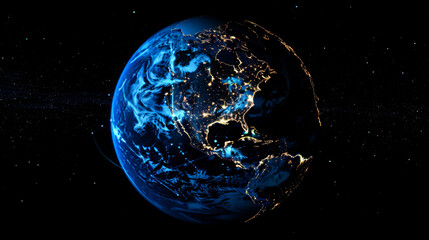 Naklejka na ściany i meble Technological background of the hologram planet Earth seen from space at night showing the lights of USA, with digital data stream. Connection structure digital communication