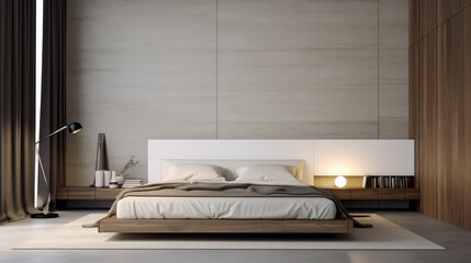 Minimalist style interior design of modern bedroom. Generative AI