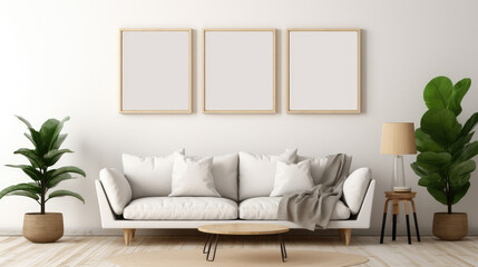 Beige sofa near white wall with three mock up poster frames. Mid century interior design of modern living room. Generative AI