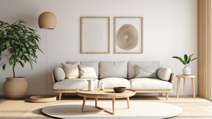 Fototapeta na wymiar Scandinavian home interior design of modern living room. White sofa and round coffee table against wall with poster frame Generative AI
