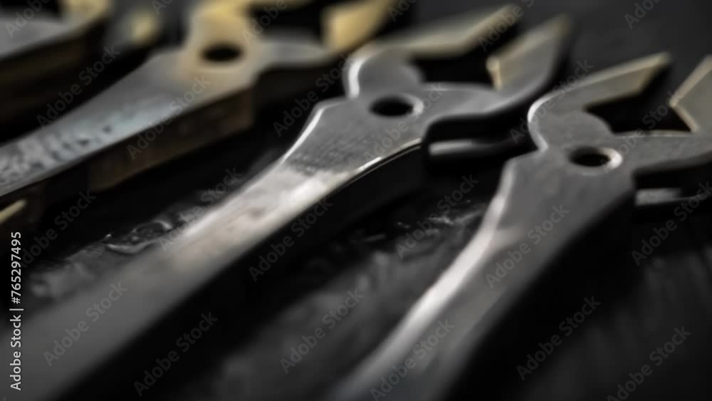 Poster a macro closeup shot of a set of miniature tools made from magnetic shape memory polymers. these too