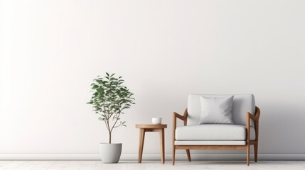 Wooden chair and gray sofa near white wall with big mock up poster frame on white wall. Scandinavian interior design of modern living room. Generative AI