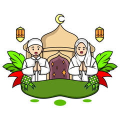 Ramadan concept illustration. Happy Muslim people celebrate Holy Month Ramadan, Eid Mubarak greeting