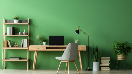 Modern home office with wooden desk and office chair against of green wall. Scandinavian interior design of modern living room with comfortable workplace. Generative AI