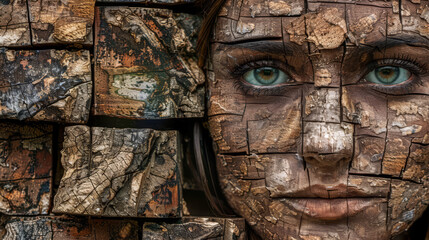 A surreal conceptual illustration of a woman made entirely of old wood and bark. Closeup. Tree spirit.