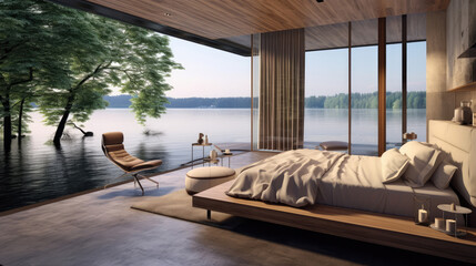 Fototapeta premium Minimalist interior design of modern bedroom with big panoramic floor to ceiling windows with beautiful lake view. Generative AI