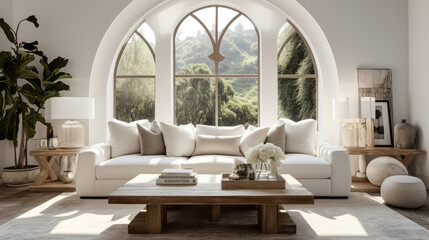 White sofa and rustic wooden stamp coffee table against arched window. Hollywood glam interior design of modern living room. Generative AI - obrazy, fototapety, plakaty