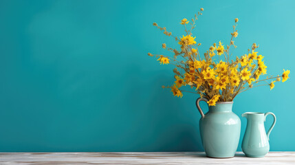 Wooden table with yellow vase with bouquet of field flowers near empty, blank turquoise wall. Home...