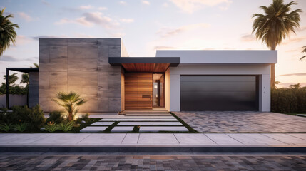 Modern small minimalist cubic house with tiled and concrete walls and landscaping design front yard. Residential architecture exterior with driveway to garage. Generative AI