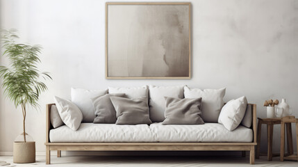 Grey sofa near beige stucco wall and big poster frame on it. Boho, rustic interior design of modern living room. Generative AI