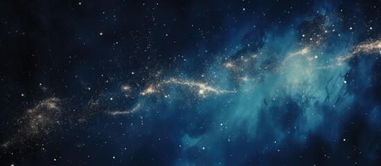 An image featuring a blue celestial galaxy filled with stars set against a deep black background - obrazy, fototapety, plakaty