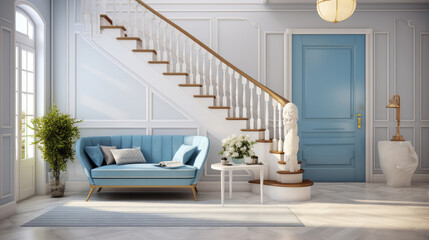Fototapeta premium Coastal interior design of modern entrance hall with blue door. Generative AI