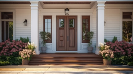 Main entrance door in house. Wooden front door with gabled porch and landing. Exterior of georgian style home cottage with columns. Generative AI