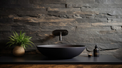 Stylish black marble round vessel sink and wall mounted faucet on stone wall. Interior design of modern bathroom. Generative AI