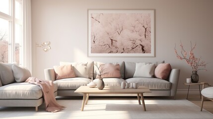 Interior composition of modern elegant living room with sophisticated background  - obrazy, fototapety, plakaty