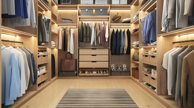 A photorealistic image of a well-organized closet, with details of the different storage solutions used, the clothes and accessories neatly arranged, and the overall clean and inviting look.