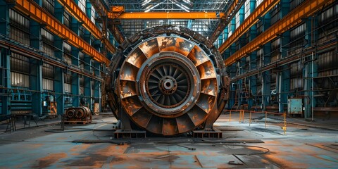 Disassembled turbine equipment at an energy plant undergoing repair and inspection for efficient power generation. Concept Energy Plant, Turbine Equipment Repair, Efficient Power Generation