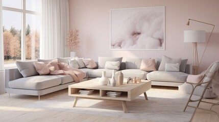 Fototapeta na wymiar Interior composition of modern elegant living room with sophisticated background 