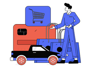 Holiday shopping people doing e-commerce online shopping flat vector concept operation hand drawn illustration
